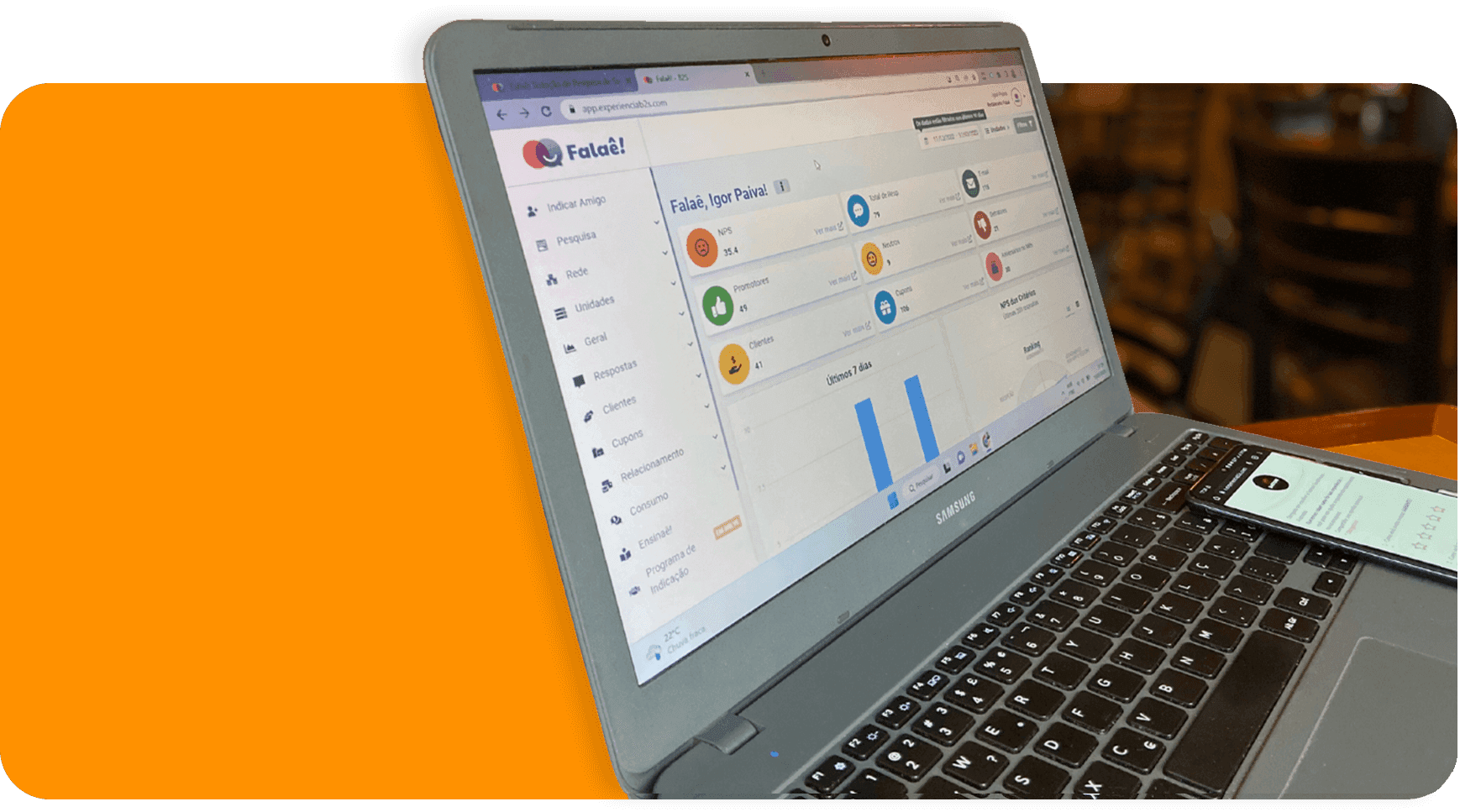 Dashboard da plataforma Falaê mostrando métricas de satisfação do cliente